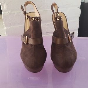 Brown suede platform mule heels